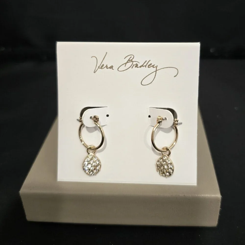 Vera Bradley Women's Gold Plated Pave Drop Hoop Earrings NWT - Picture 2 of 4